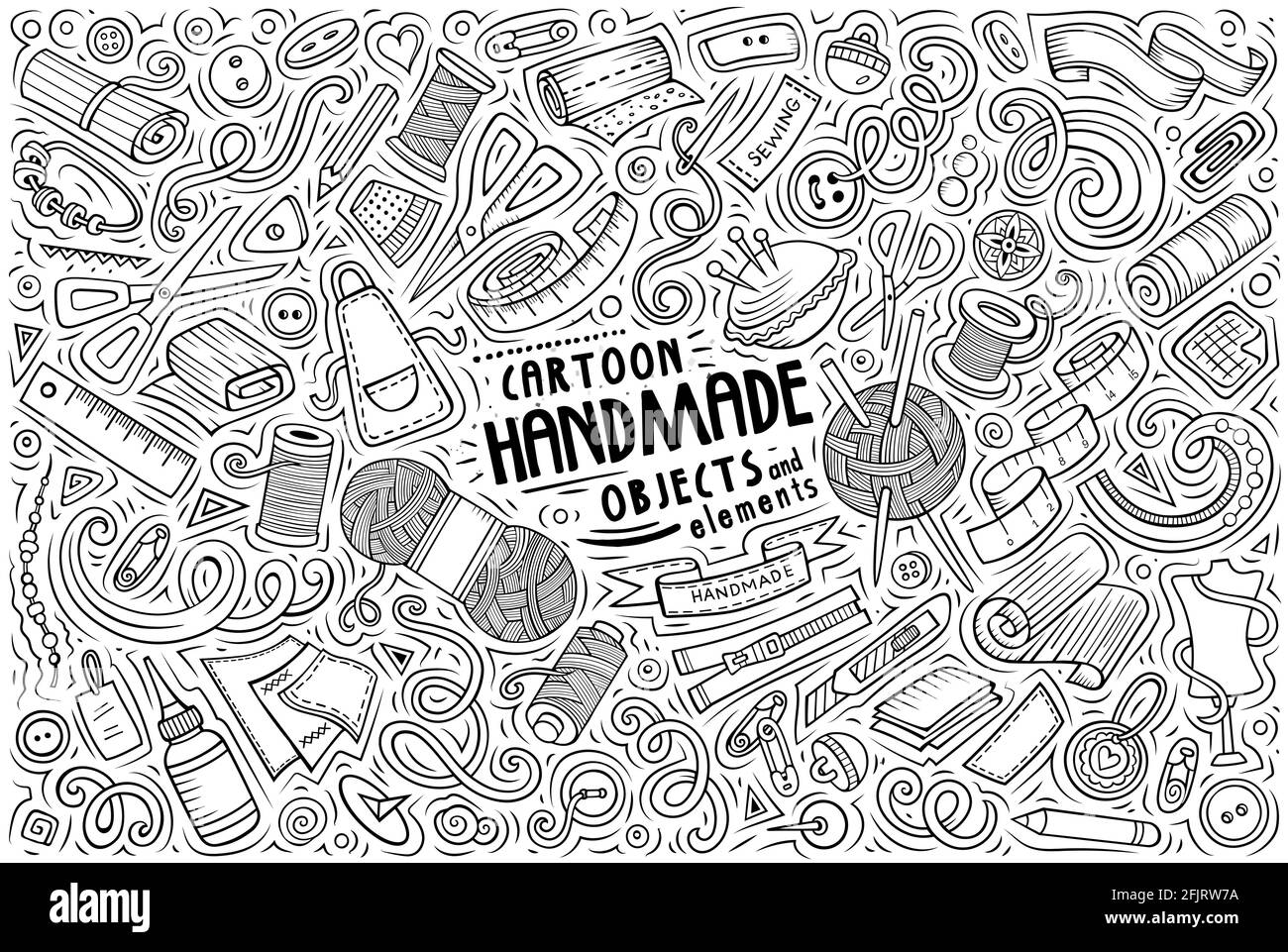 Line art vettoriale doodle disegnate a mano cartoni animati di oggetti, oggetti e simboli a tema fatti a mano Illustrazione Vettoriale