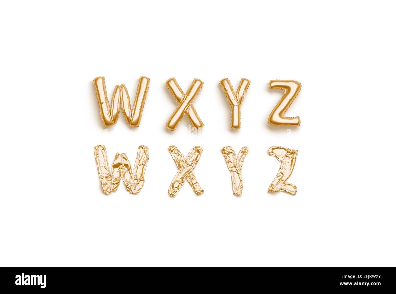 Lettere W X Y Z in oro sgonfio, carattere bollatura, rendering 3d. Simbolo dell'elio maiuscolo per il segno a sorpresa. Scritta in lamina di bolle per compleanno o. Foto Stock