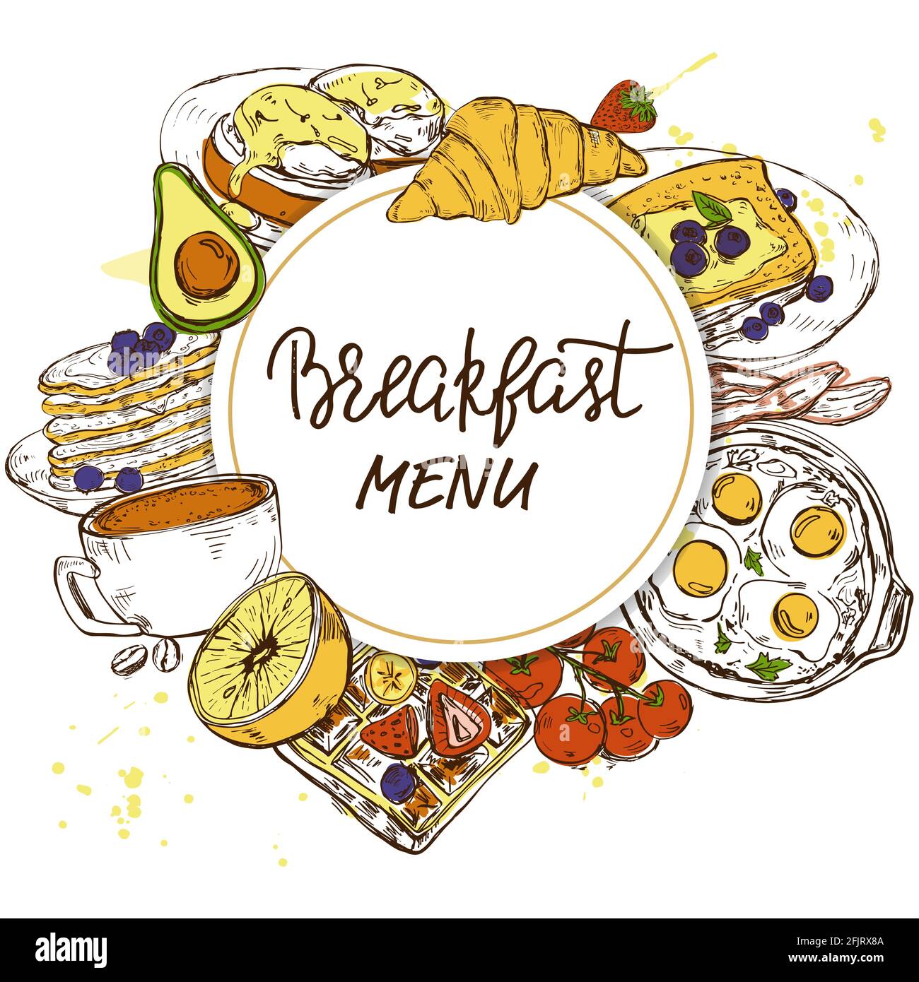 Set di piatti tradizionali per la colazione, panetteria e bevande disegnati a mano Illustrazione Vettoriale