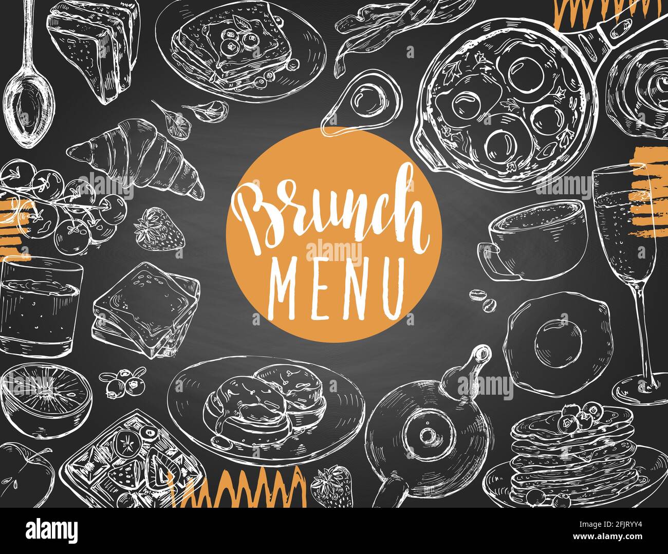 Set di piatti tradizionali per la colazione, panetteria e bevande disegnati a mano Illustrazione Vettoriale