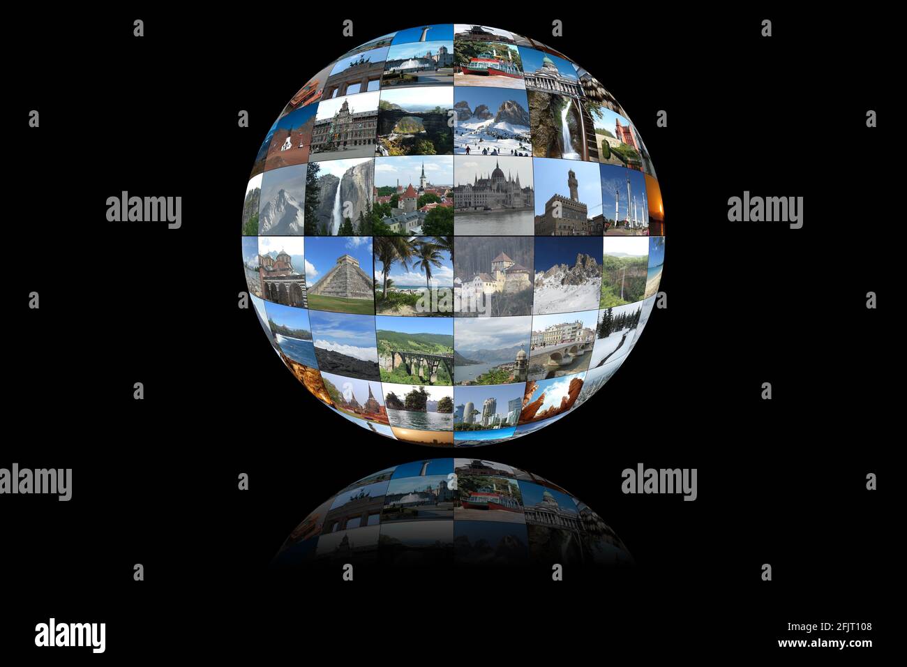 Collage sferico di piccole foto di famose destinazioni turistiche e luoghi di interesse in tutto il mondo. Forma del globo/terra con un riflesso sul fondo. Foto Stock