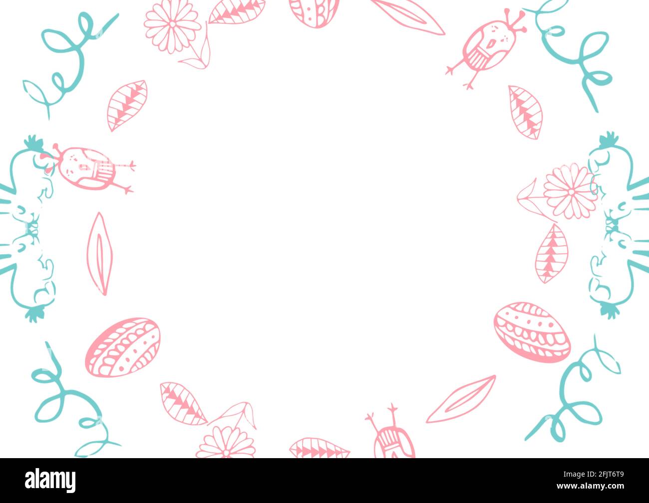 Decorazione pasquale con coniglietti colorati, uova e fiori con spazio copia su sfondo bianco Foto Stock