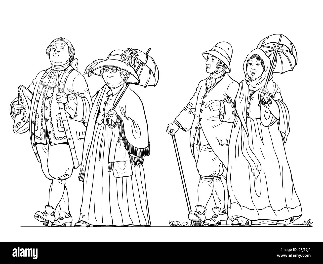 Padrone di casa e sua moglie fuori per una passeggiata. Barone e il suo entourage. Illustrazione digitale. Foto Stock