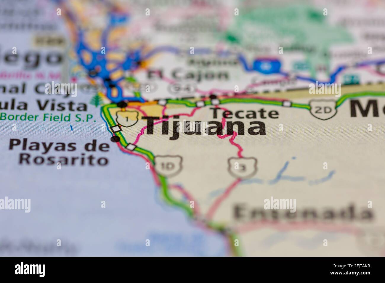 Tijuana Messico e le aree circostanti sono mostrate su una mappa stradale O mappa geografica Foto Stock