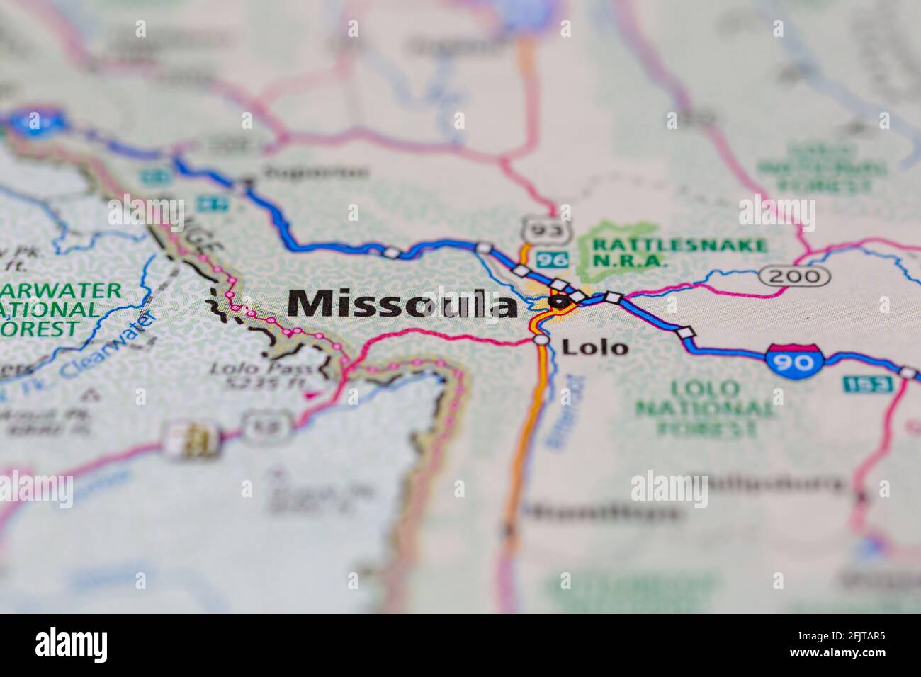 Missoula Montana USA e le aree circostanti mostrate su una strada mappa o mappa geografica Foto Stock