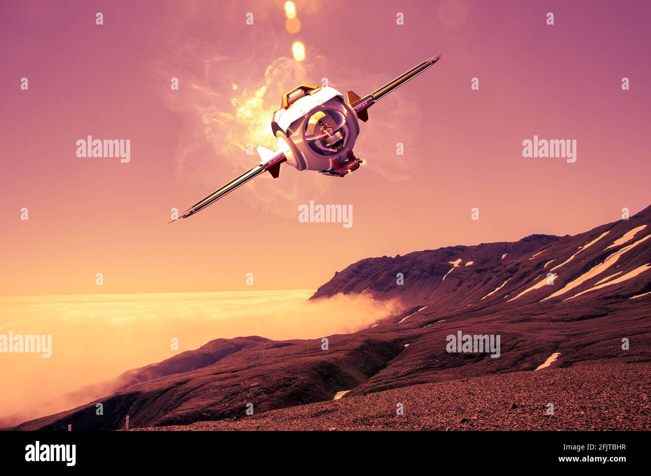 Astronave che viaggia tra pianeti di galassie lontane. Esplorazione di pianeti. Sci-fi. Conquista nuovi mondi. Innovazione tecnologica, intergalattica Foto Stock