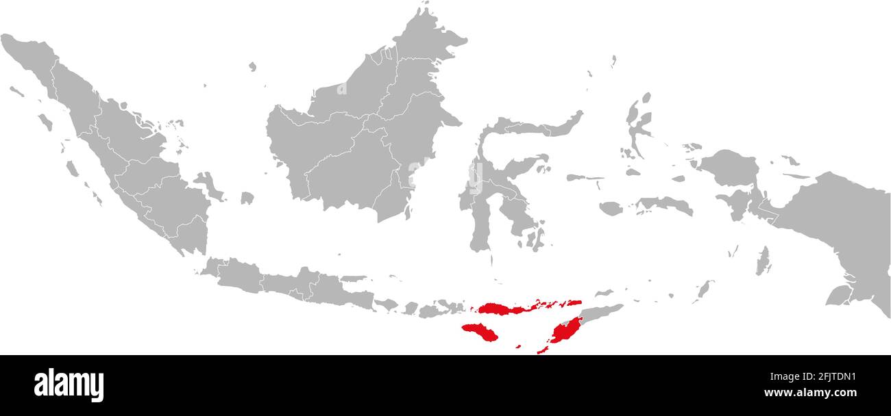 Provincia di Nusa tenggara timur isolata sulla mappa indonesiana. Sfondo grigio. Concetti e background aziendali. Illustrazione Vettoriale