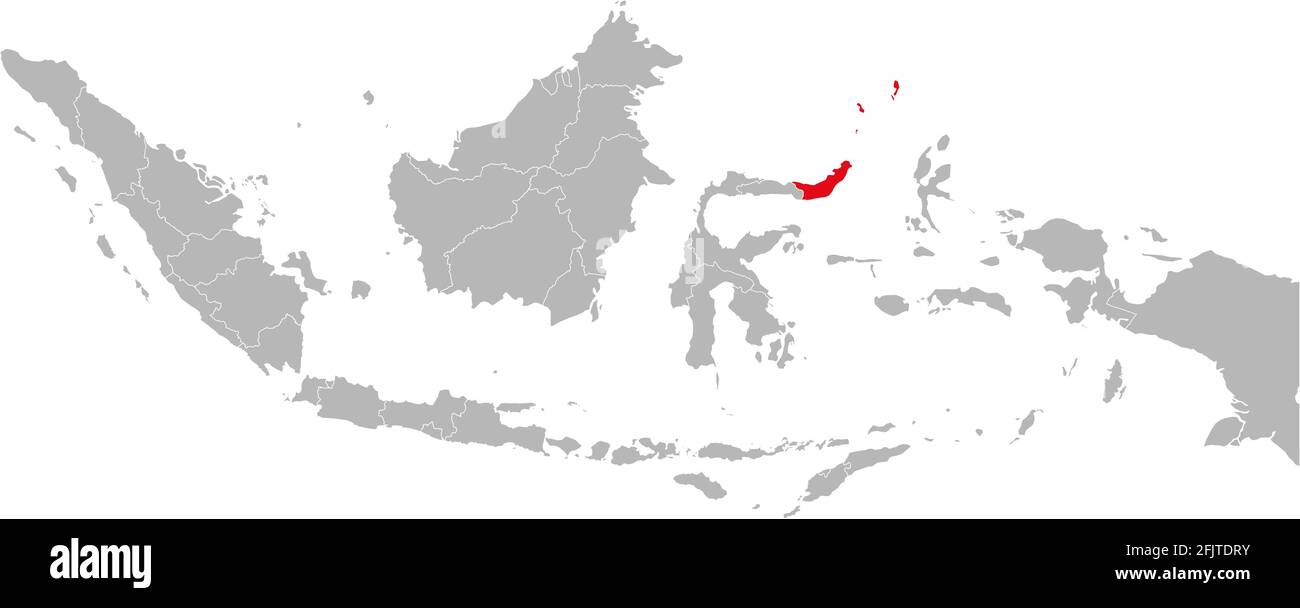 Provincia di Sulawesi utara isolata sulla mappa indonesiana. Sfondo grigio. Concetti e background aziendali. Illustrazione Vettoriale