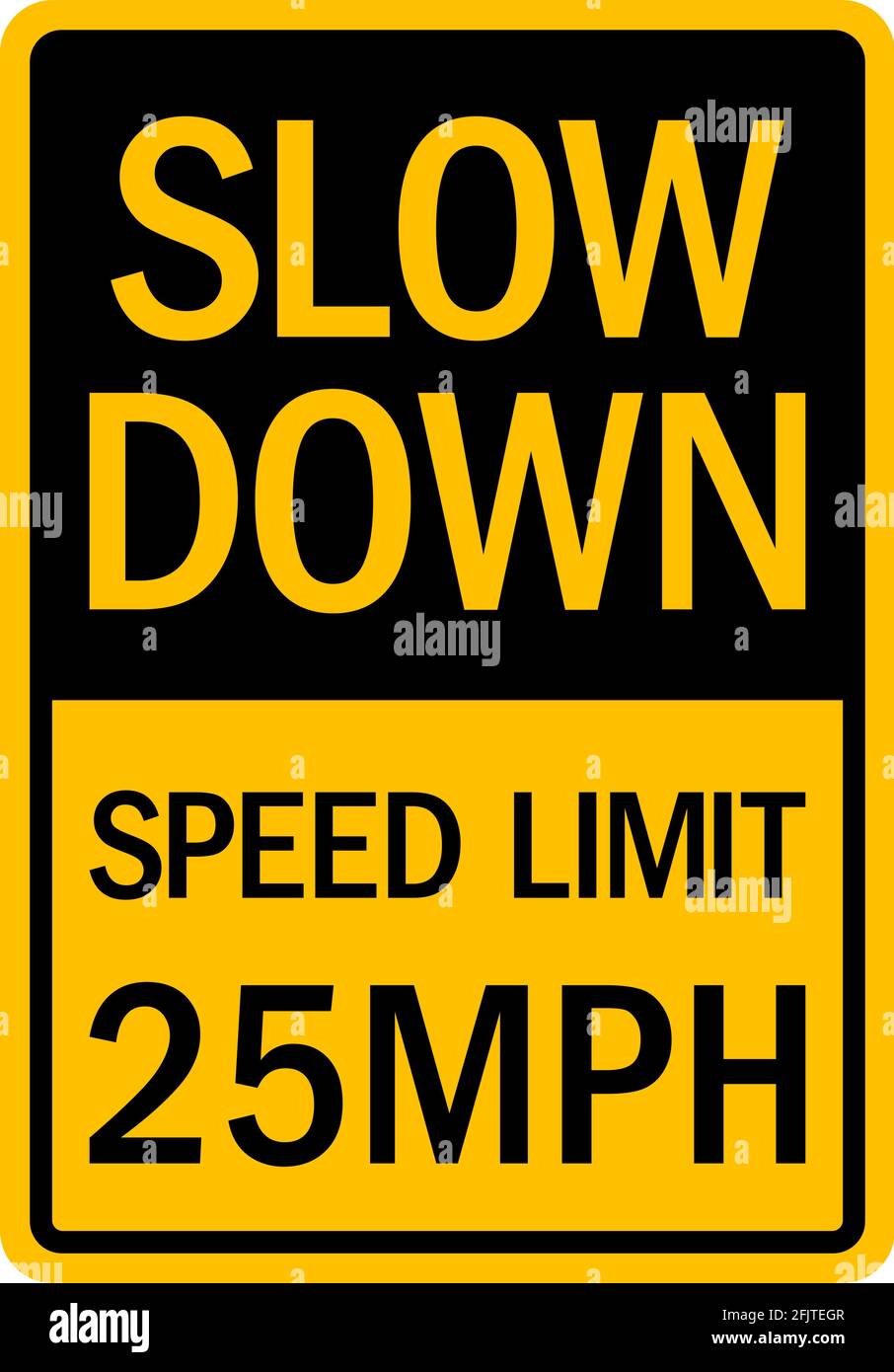 Segnale limite di velocità di rallentamento 25 MPH. Segnali stradali e simboli. Illustrazione Vettoriale