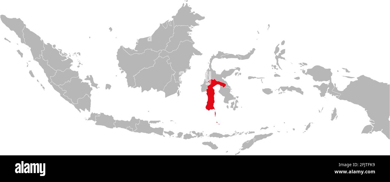 Provincia di Sulawesi selatan isolata sulla mappa indonesiana. Sfondo grigio. Concetti e background aziendali. Illustrazione Vettoriale