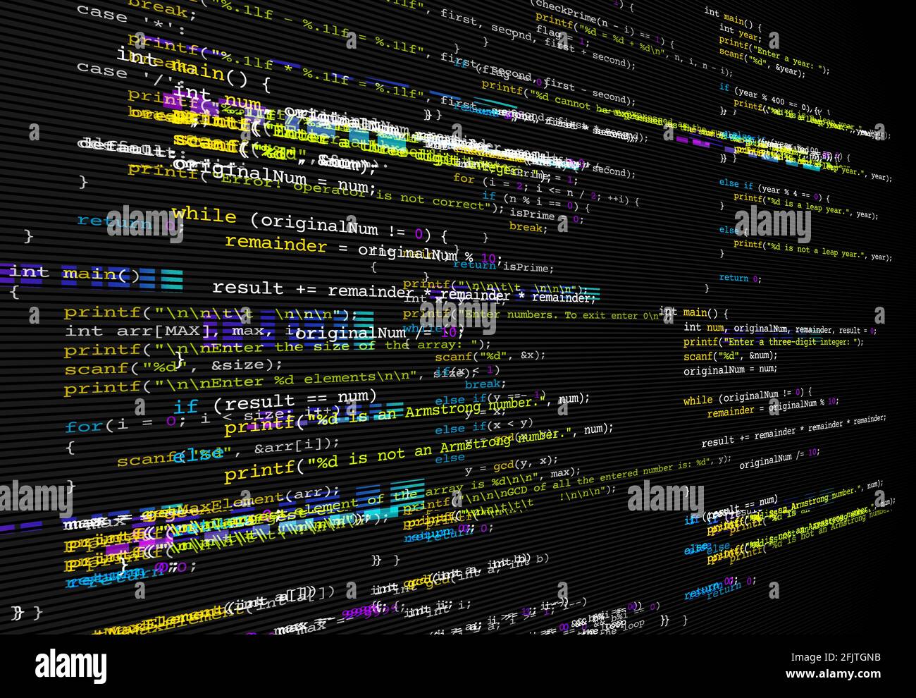 Codice programma flitch sfondo, bug del computer o problema di sviluppo software. Sfondo vettoriale con riga codice programma distorta, pixel dello schermo colore NO Illustrazione Vettoriale