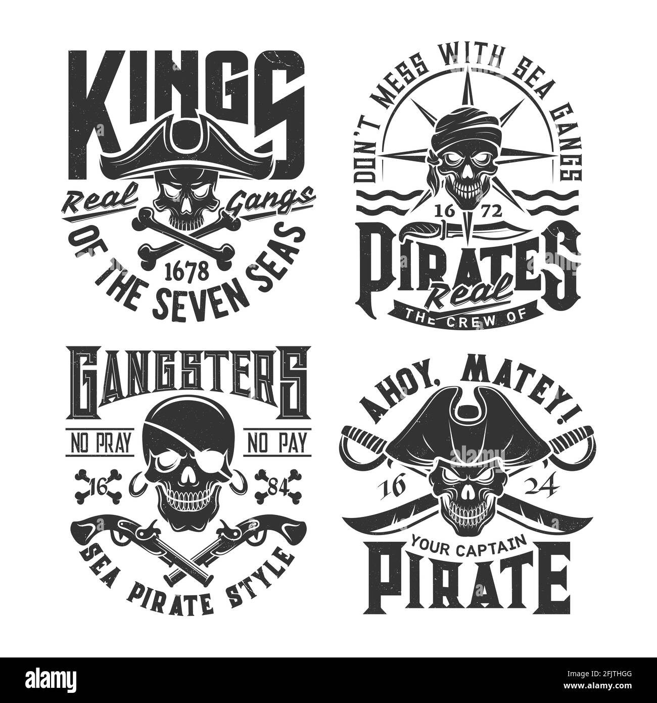 Teschi dei pirati con modello di stampa della t-shirt delle armi. Corsars  Jolly Roger simboli bandiera, abbigliamento vettore stampa con filibuster,  teschi privati, pistole Immagine e Vettoriale - Alamy