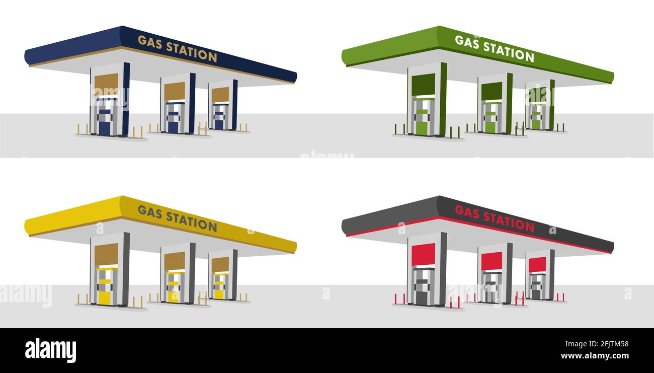 Set di illustrazioni delle colonne delle stazioni di servizio in colori diversi, icone degli edifici di manutenzione relativi al trasporto Illustrazione Vettoriale