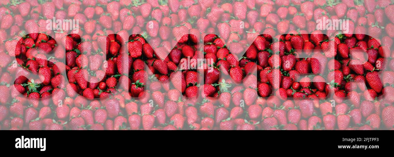 Iscrizione Estate fatta con fragole fresche di fondo. Spazio di copia. Vendemmia. Cornice e banner per il cibo. Testo per il tuo progetto. Foto Stock