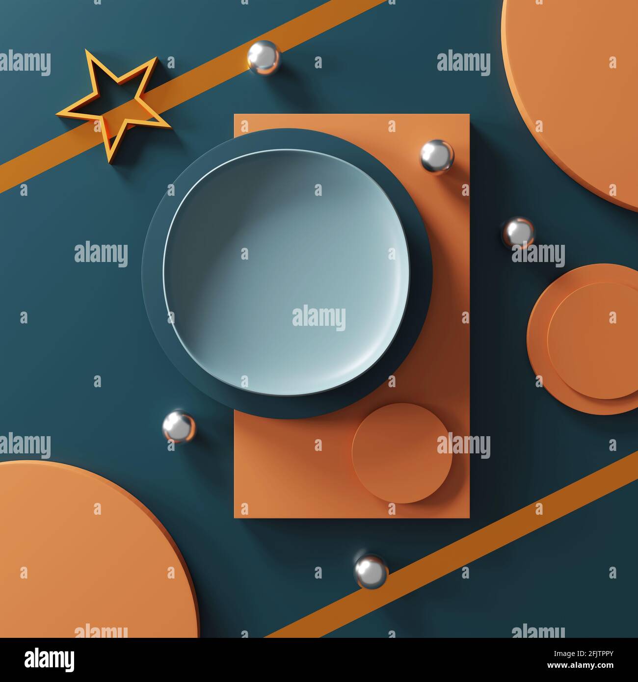 scena minimale con forme geometriche. display verde cilindro sul podio e pallina o mockup per prodotti con sfondo verde scuro. spazio per testo. I 3D Foto Stock