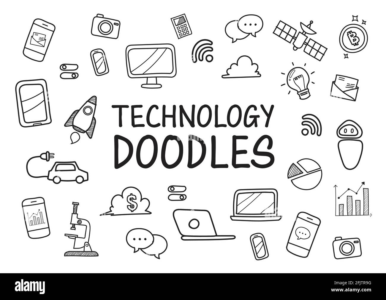 Tecnologia doodles icone disegnate a mano. Illustrazione vettoriale Illustrazione Vettoriale