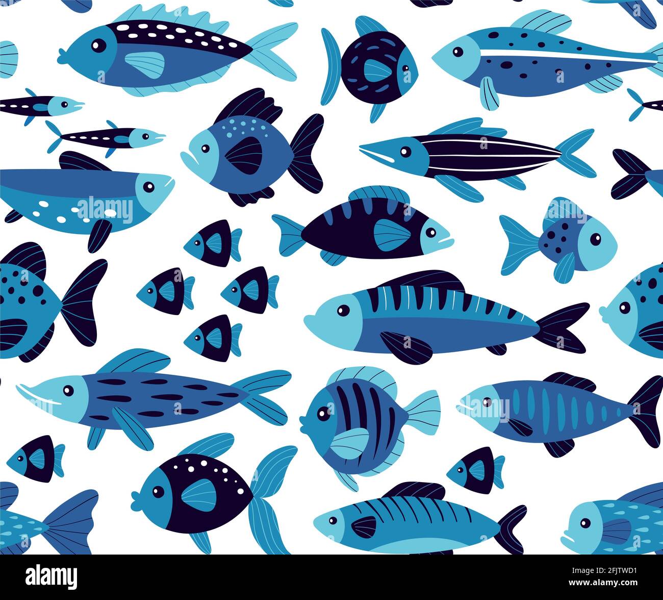Carino pesce modello senza giunture. Stile piatto organico. Tavolozza dei colori nero e blu. Illustrazione Vettoriale