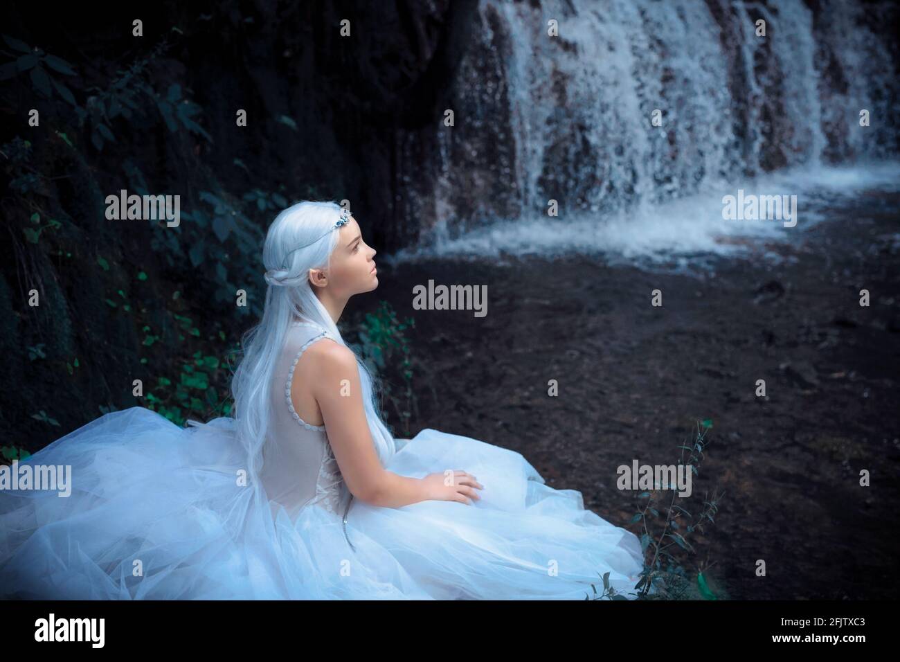 Foto DI una bellissima ed eterea misteriosa principessa Elf seduta vicino Cascata con capelli lunghi in argento e bel vestito bianco con farfalle e. Foto Stock