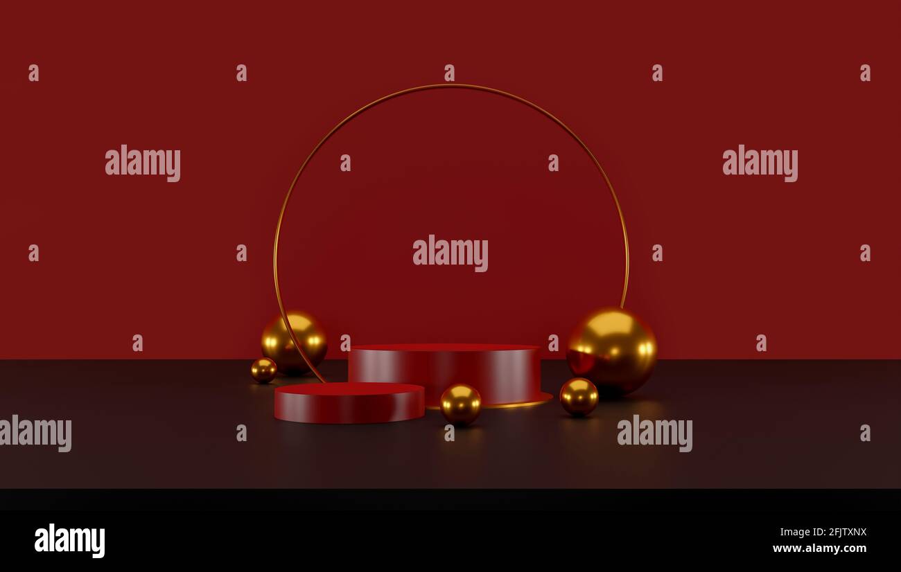 scena minimalista con forme geometriche. display rosso cilindro sul podio e sfera oro o mockup per prodotti con sfondo rosso scuro. spazio per testo. 3D Foto Stock