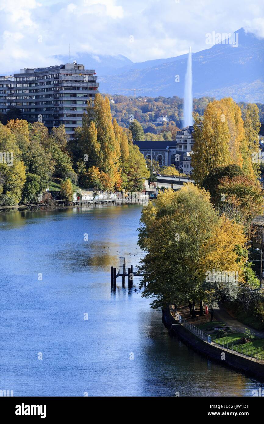 Svizzera, Cantone di Ginevra, Ginevra, il fiume Rodano a monte della Pointe de la Jonction, il getto d'acqua sullo sfondo Foto Stock