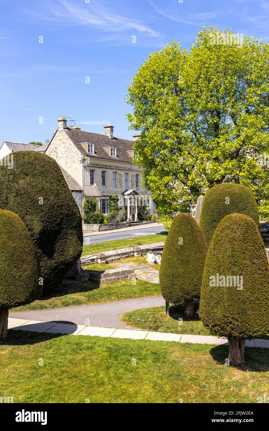 New Street e alcuni dei 99 alberi di tasso churchyard nel villaggio di Cotswold di Painswick, Gloucestershire Regno Unito Foto Stock