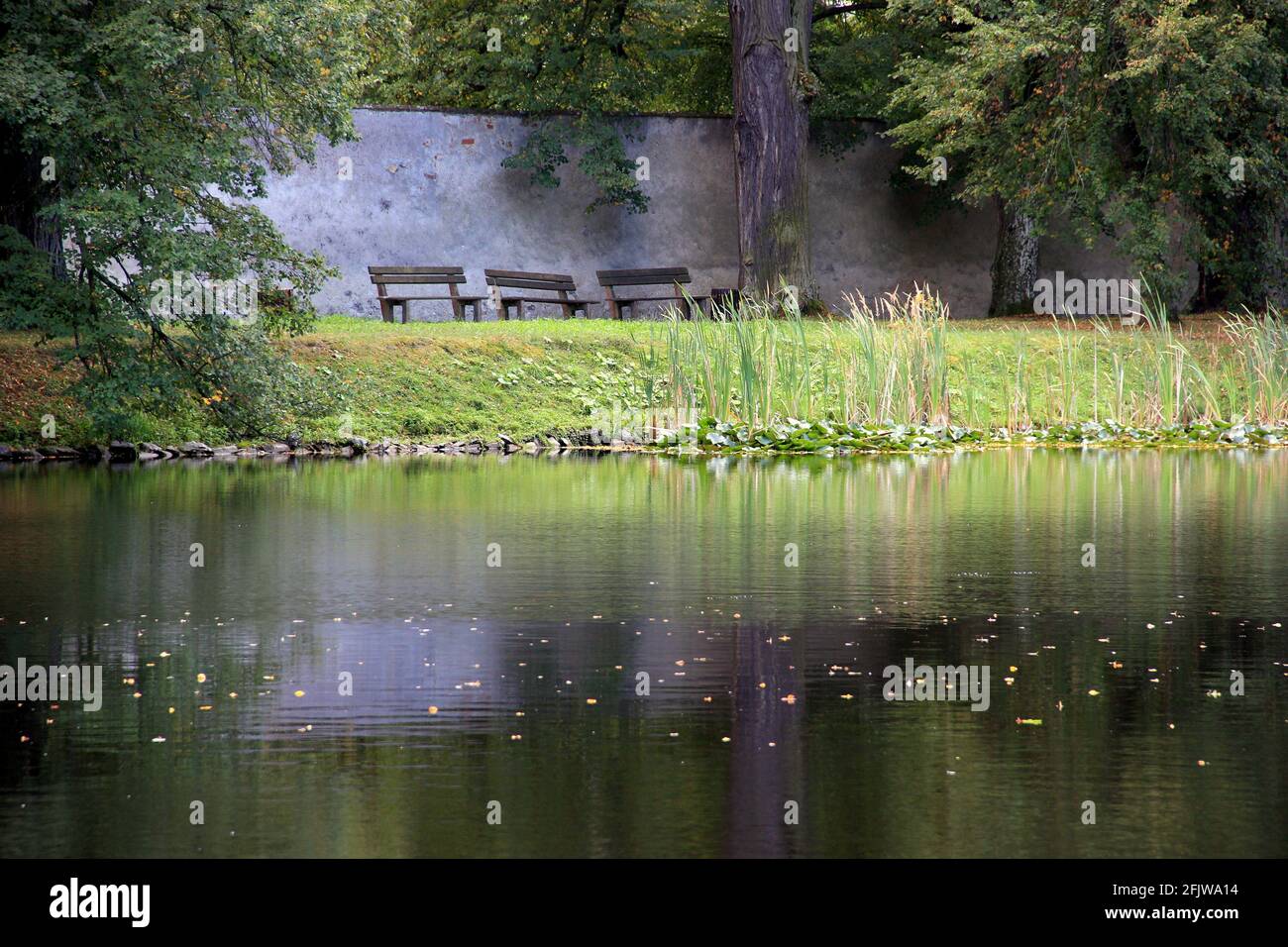 Tre panchine vuote che si affacciano su un lago in un parco vicino a un'alba bella, colorata e estiva. Cesky Krumlov, Repubblica Ceca. Foto Stock