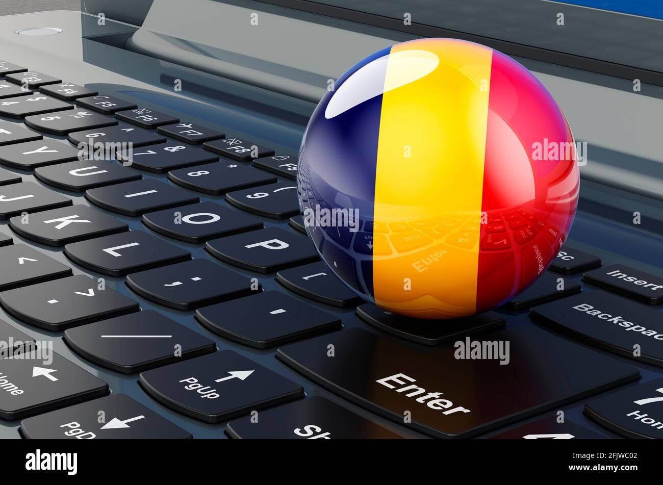 Bandiera rumena sulla tastiera del computer portatile. Business online,  e-Education, shopping in Romania Concept. Rendering 3D Foto stock - Alamy