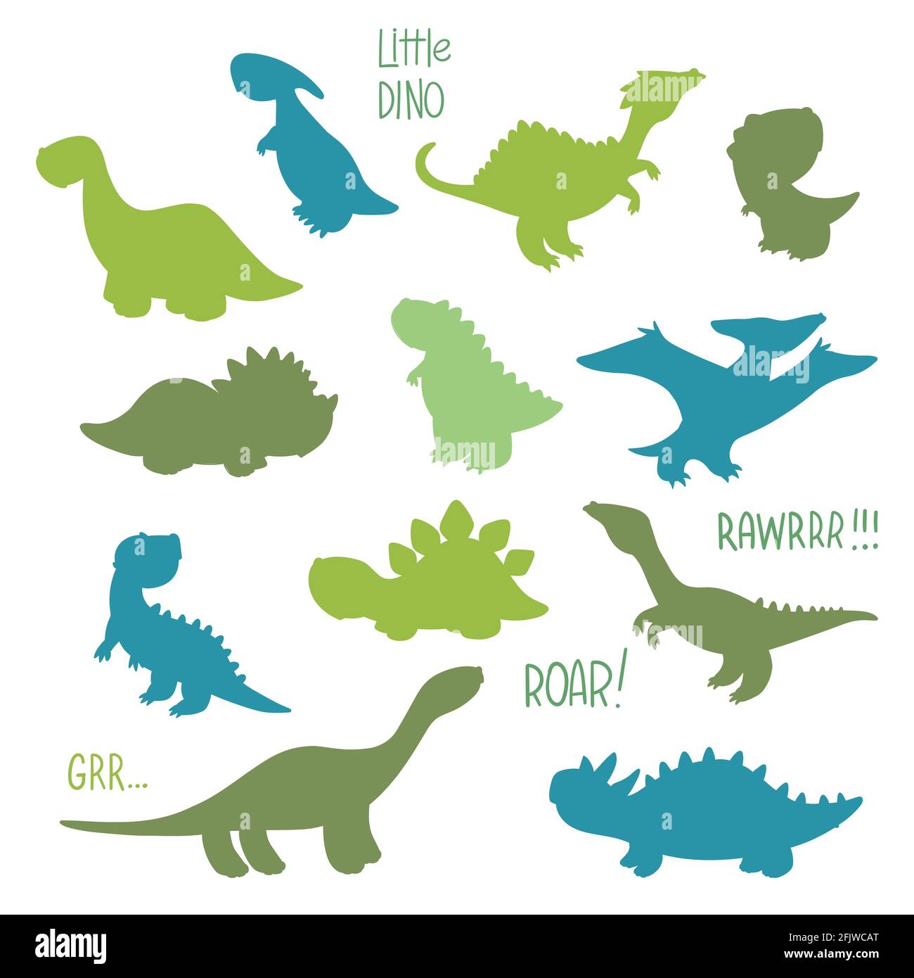 Set di silhouette di dinosauro. Mostri vettoriali cartoni animati. Icone dinosauriche. Elementi per il design di carte e adesivi e t-shirt Illustrazione Vettoriale