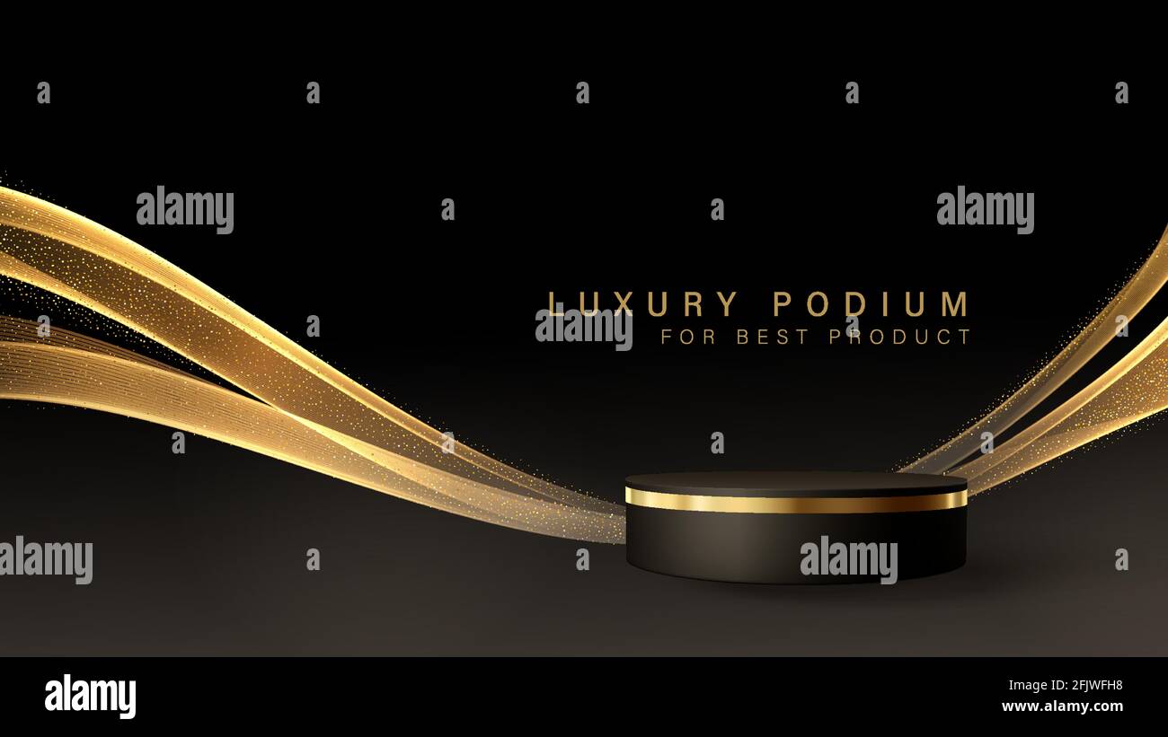 Scena nera minima con linee dorate. Podio cilindrico in oro e nero su sfondo nero. Tavola 3D per la visualizzazione di un prodotto cosmetico Illustrazione Vettoriale