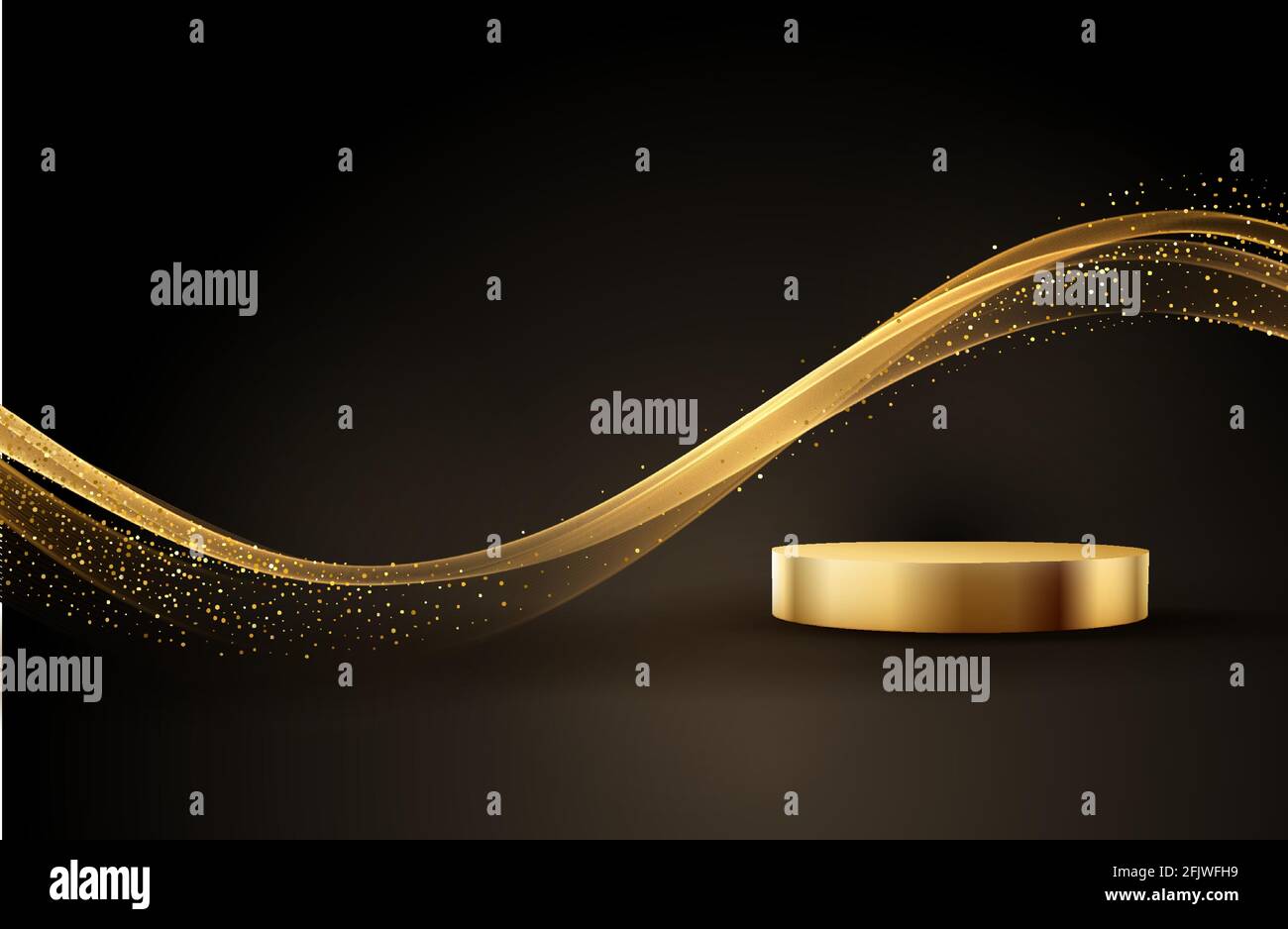 Scena nera minima con linee dorate. Podio cilindrico in oro e nero su sfondo nero. Tavola 3D per la visualizzazione di un prodotto cosmetico Illustrazione Vettoriale