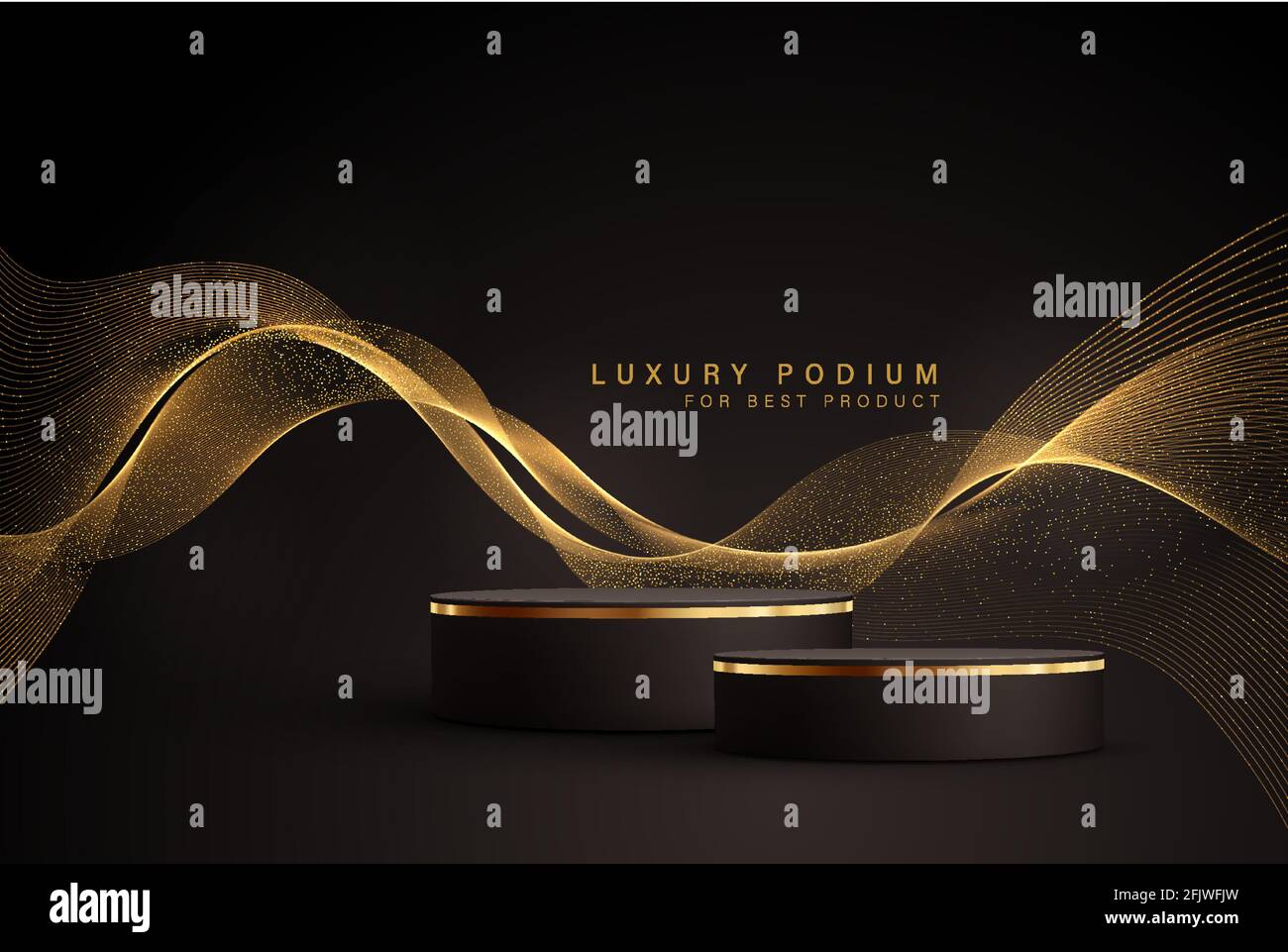 Scena nera minima con linee dorate. Podio cilindrico in oro e nero su sfondo nero. Tavola 3D per la visualizzazione di un prodotto cosmetico Illustrazione Vettoriale