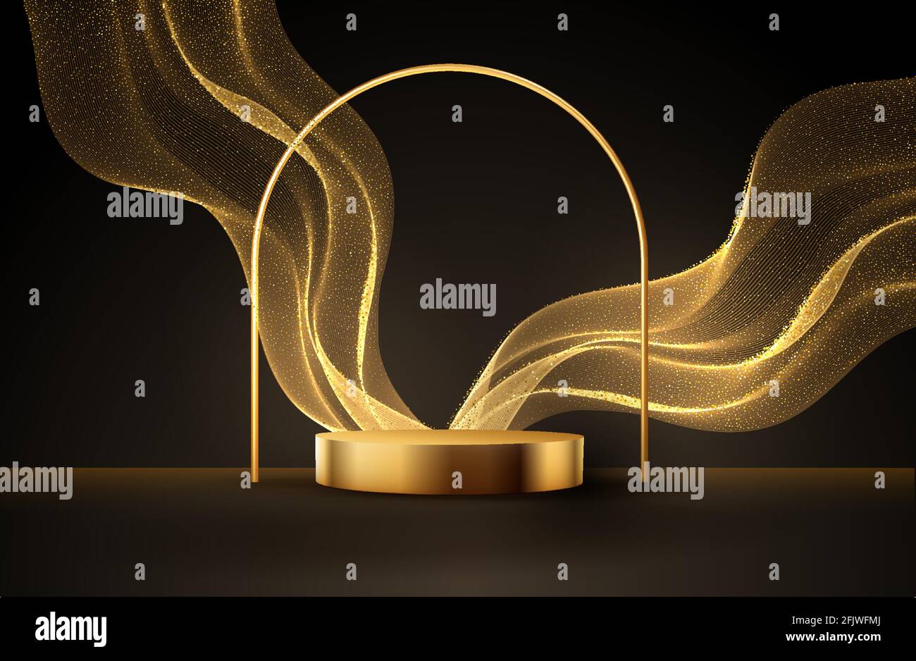Scena nera minima con linee dorate. Podio cilindrico in oro e nero su sfondo nero. Tavola 3D per la visualizzazione di un prodotto cosmetico Illustrazione Vettoriale