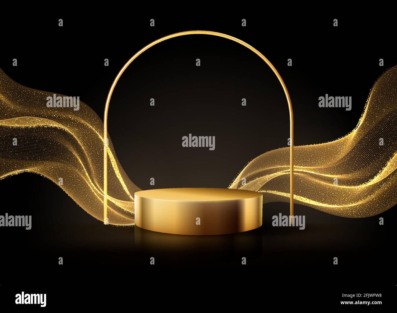 Scena nera minima con linee dorate. Podio cilindrico in oro e nero su sfondo nero. Tavola 3D per la visualizzazione di un prodotto cosmetico Illustrazione Vettoriale