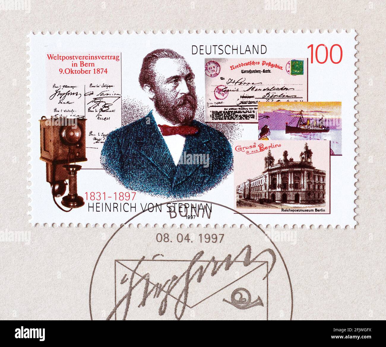 Francobollo annullato stampato dalla Germania, che mostra il direttore generale della posta per l'Impero tedesco Heinrich von Stephan, circa 1997. Foto Stock