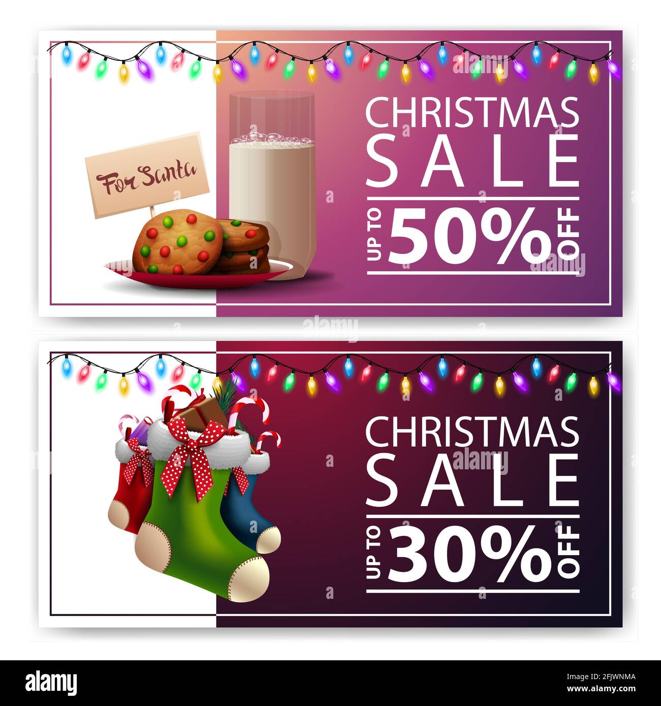 Due striscioni di Natale con biscotti con un bicchiere di Latte per Babbo Natale e calze di Natale Foto Stock