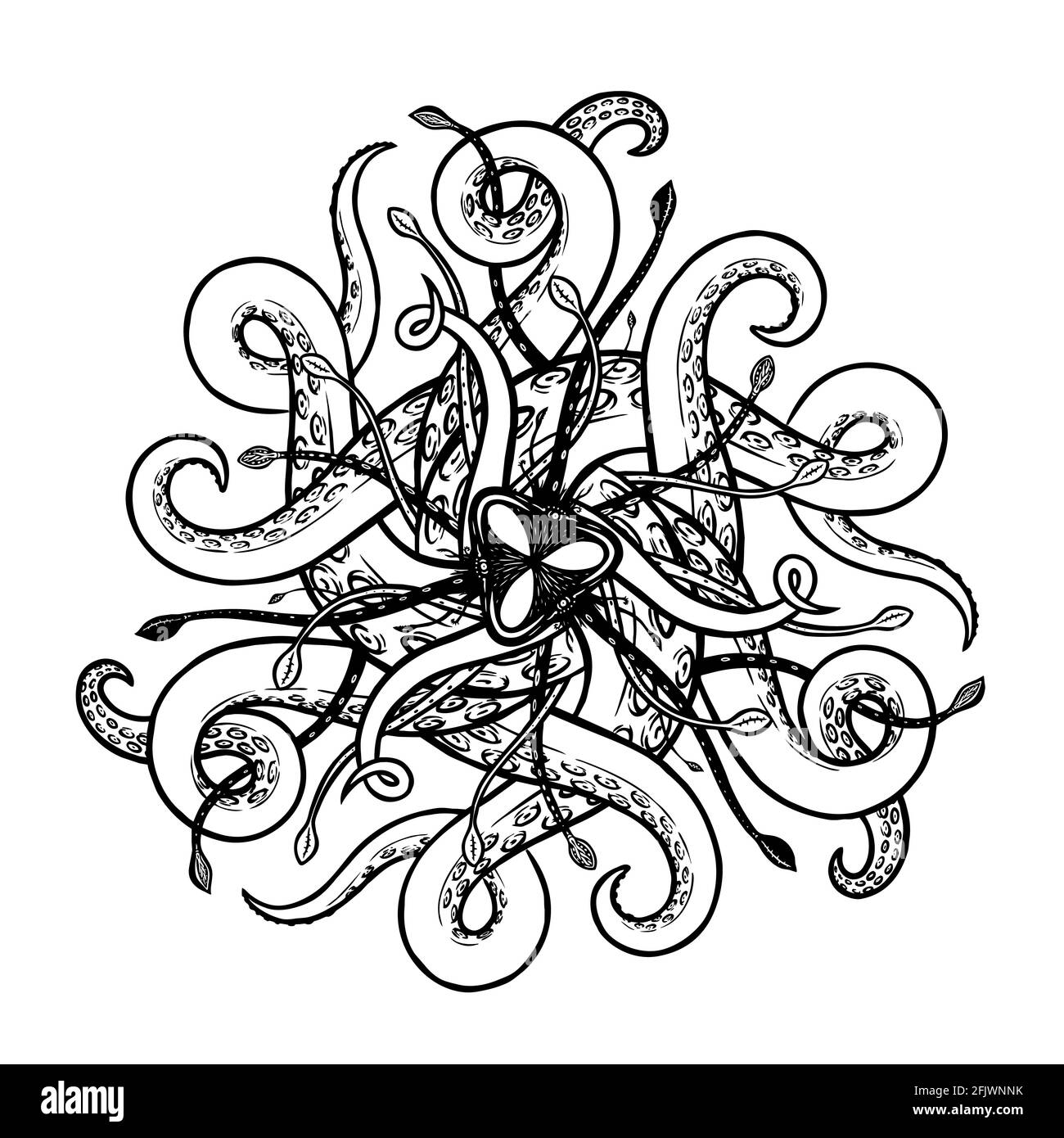 Disegno astratto vettore ornamento marino con tentacoli e ventose con simmetria radiale Illustrazione Vettoriale