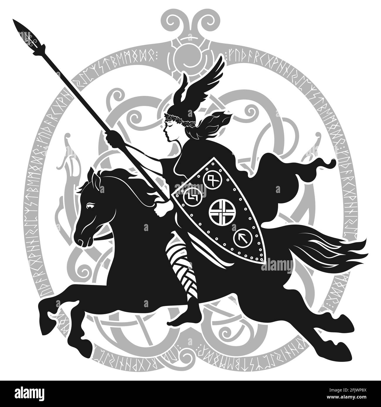 Design vichingo. Valkyrie su un cavallo da guerra, illustrazione della mitologia scandinava Illustrazione Vettoriale
