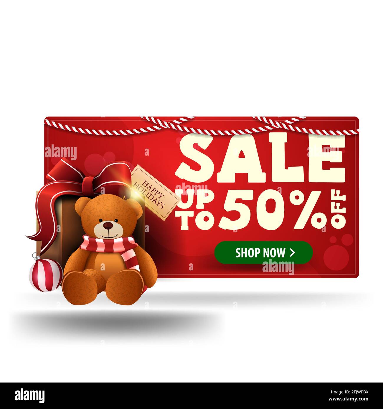 Banner sconto 3D rosso Natale con regalo con orsacchiotto isolato su sfondo bianco Foto Stock