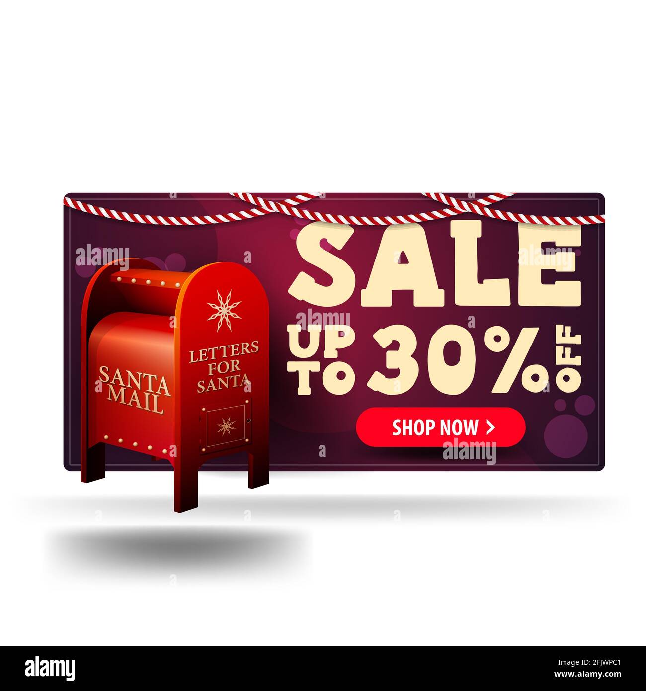 Banner sconto viola di Natale 3D con letterbox Santa con regali isolato su sfondo bianco Foto Stock