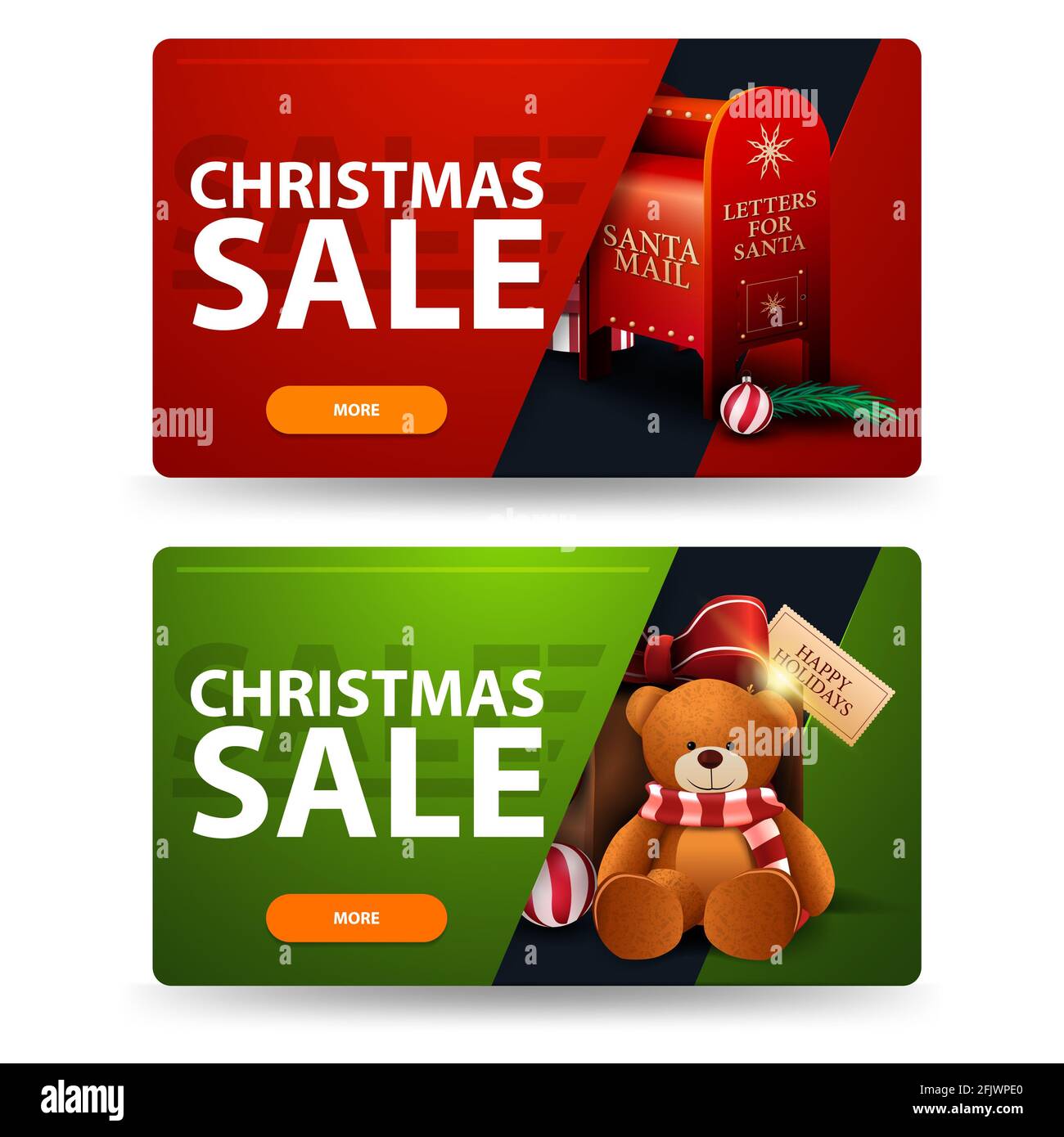Banner sconto natalizio rosso e verde con bottoni, letterbox Santa e regalo con orsacchiotto Foto Stock