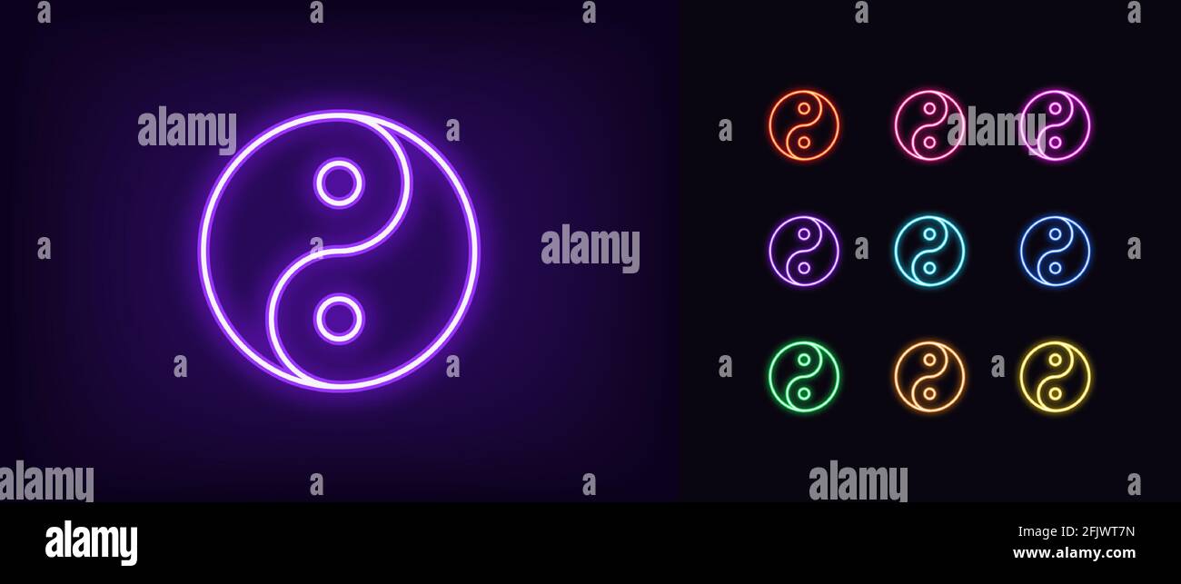 Icona al neon yin yang. Brillante simbolo di bilanciamento al neon, pittogramma yin yang Tao e silhouette dai colori vivaci. Equilibrio e armonia, fusione di opposto Illustrazione Vettoriale