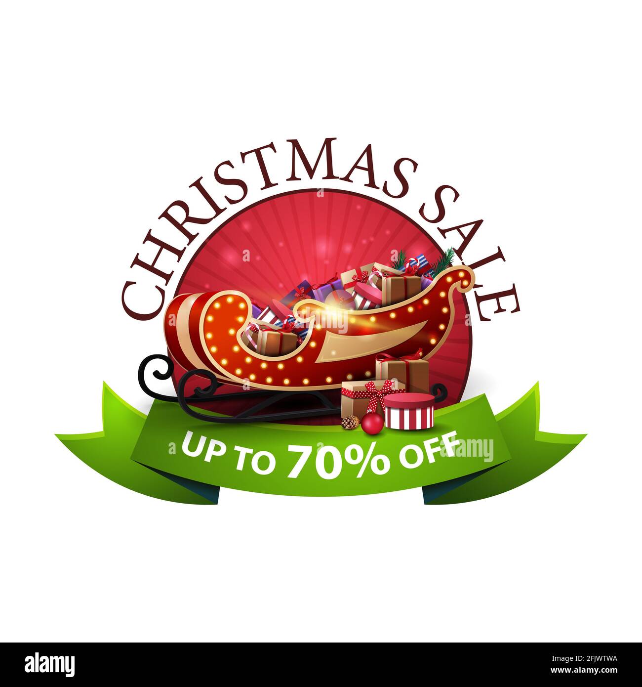 Banner sconto natalizio con Santa Sleigh con regali. Buono sconto con nastro verde isolato su sfondo bianco Foto Stock