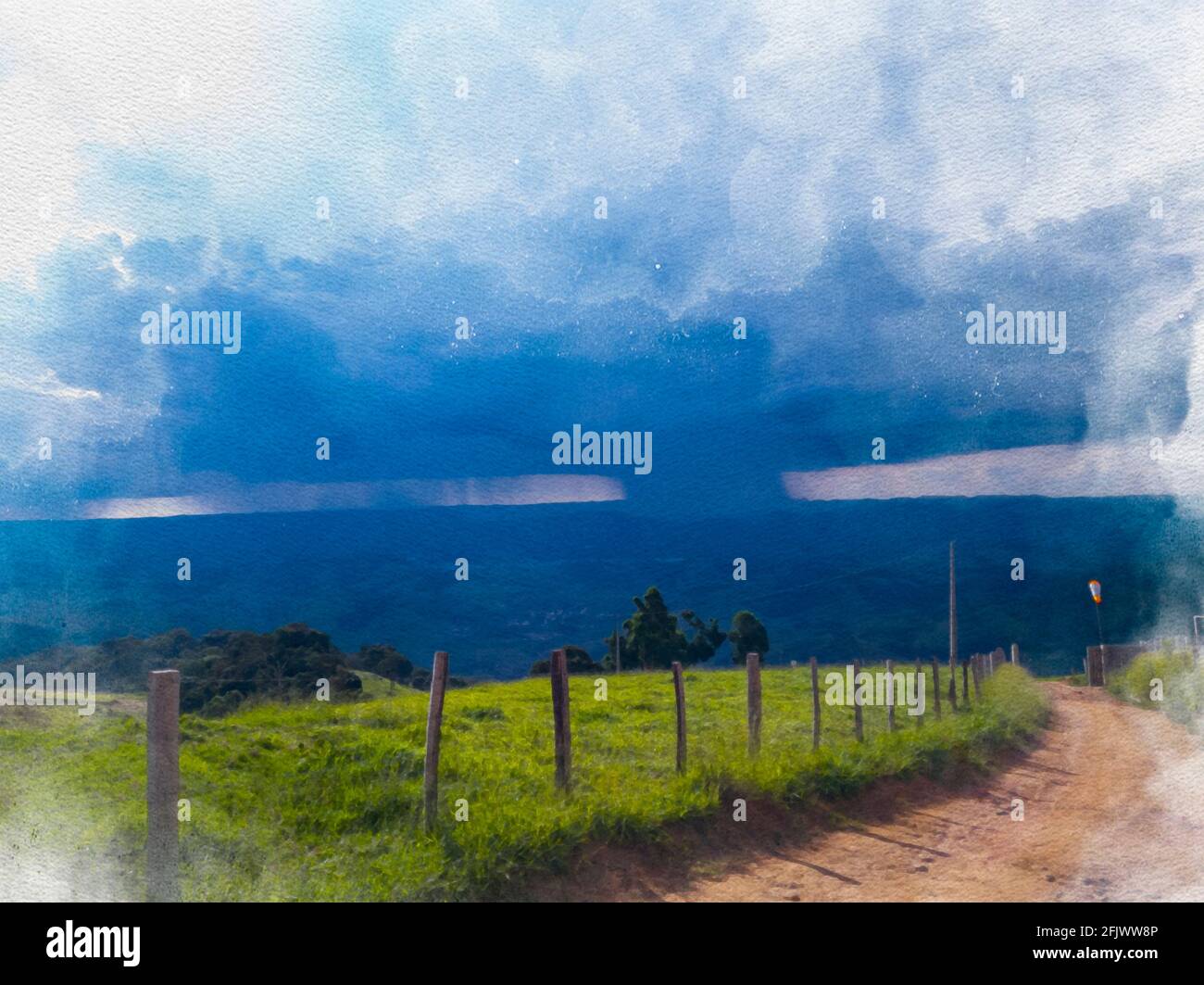 Immagine acquerello del paesaggio con il windsock e la recinzione in primo piano. Fenomeno di pioggia isolata. Vista prospettica. Foto Stock