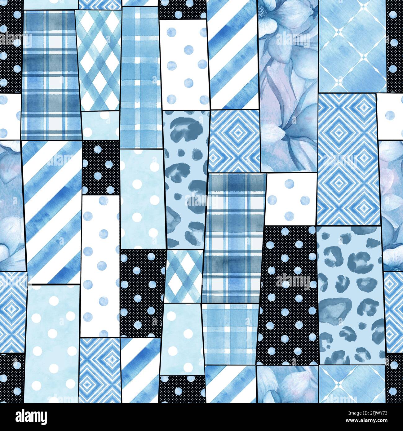 Imitazione trendy cucito pezzi di tessuto in stile patchwork. Motivo senza giunture disegnato a mano con acquerello. Texture collage con geometric, floreale, leopardo pr Foto Stock