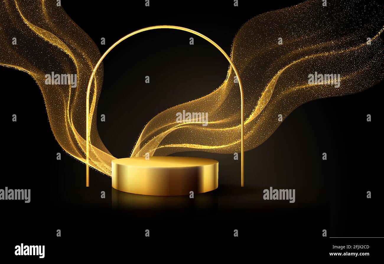 Scena nera minima con linee dorate. Podio cilindrico in oro e nero su sfondo nero. Tavola 3D per la visualizzazione di un prodotto cosmetico Illustrazione Vettoriale