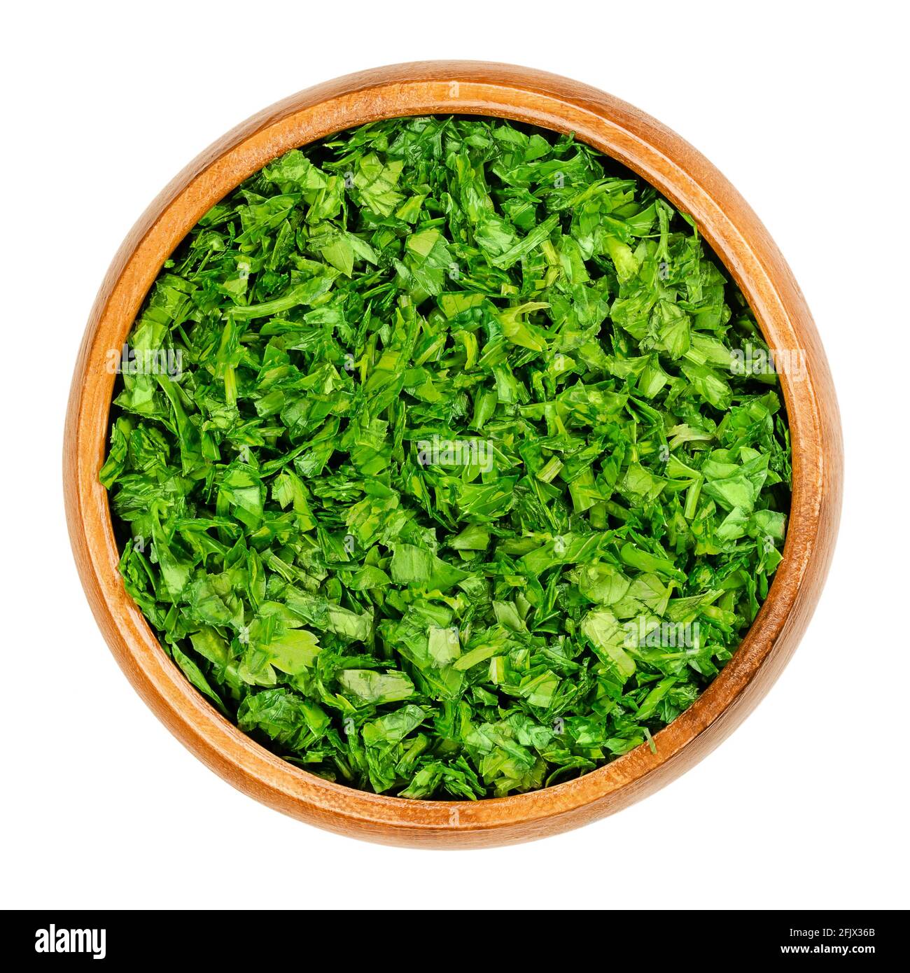 Tritato prezzemolo, in una ciotola di legno. Prezzemolo fresco e piatto, foglie verdi di Petroselinum croccante, utilizzato come erba, spezie e verdura. Primo piano. Foto Stock