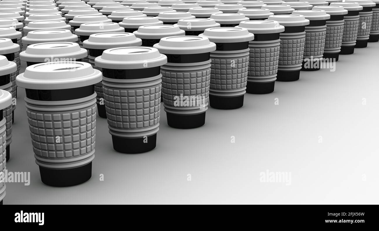 Un sacco di tazzine termiche per bevande calde. Ci sono un sacco di thermo tazze nero e bianco per bevande calde stand in una fila. Illustrazione 3D Foto Stock