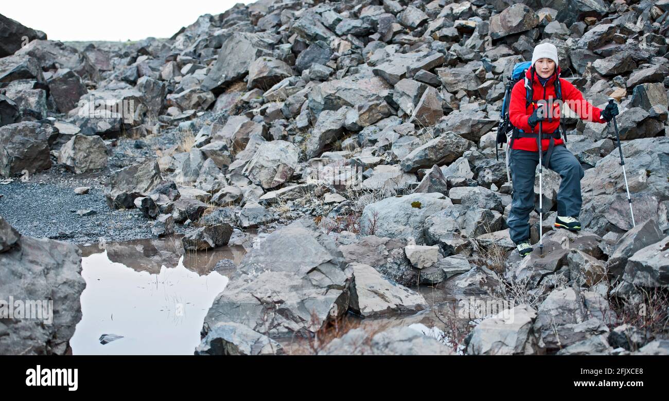 Trekking femminile escursionista attraverso il paesaggio arido a Skaftafell / Islanda Foto Stock