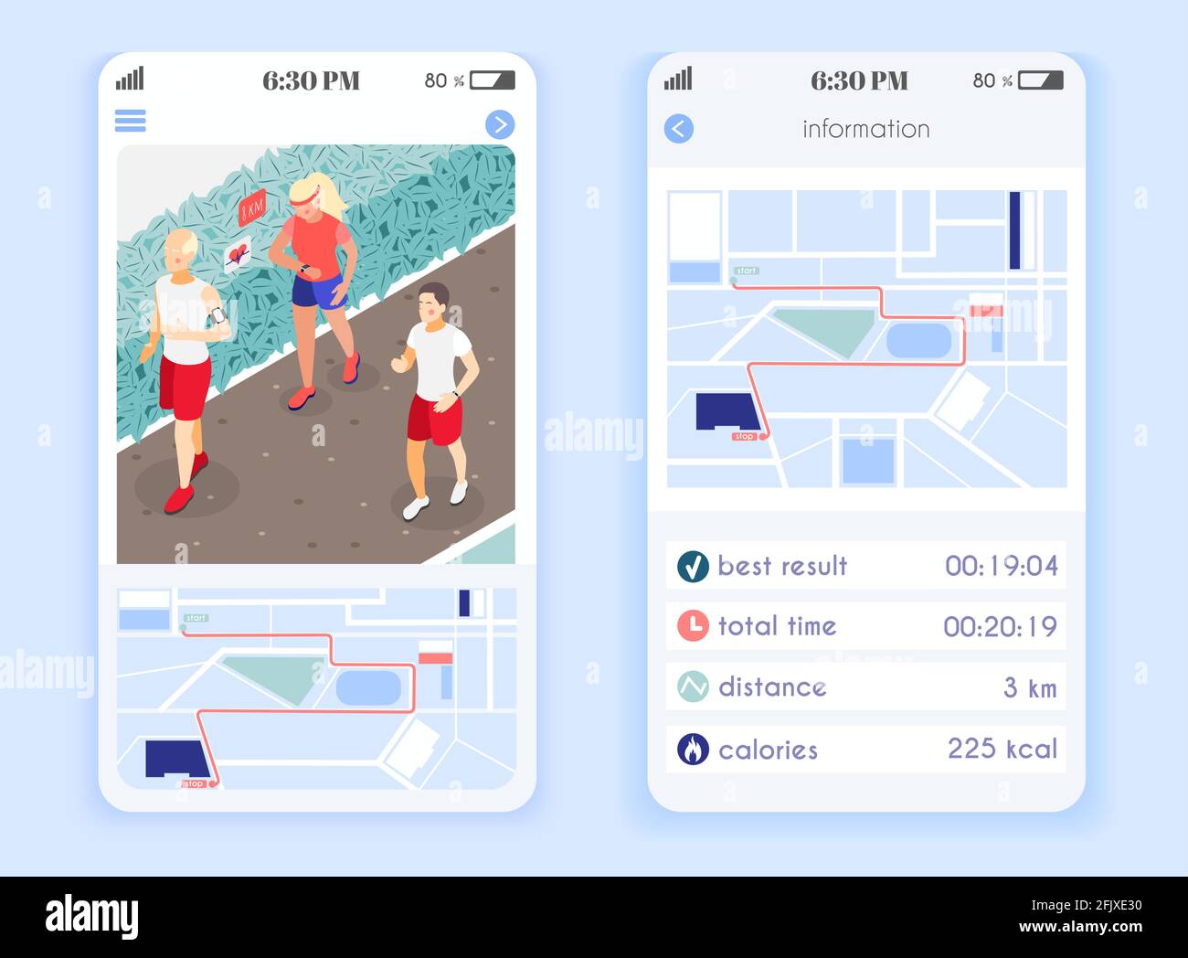 Banner app mobile Family fitness con informazioni sul tempo dei risultati illustrazione vettoriale isometrica della distanza e delle calorie bruciate Illustrazione Vettoriale