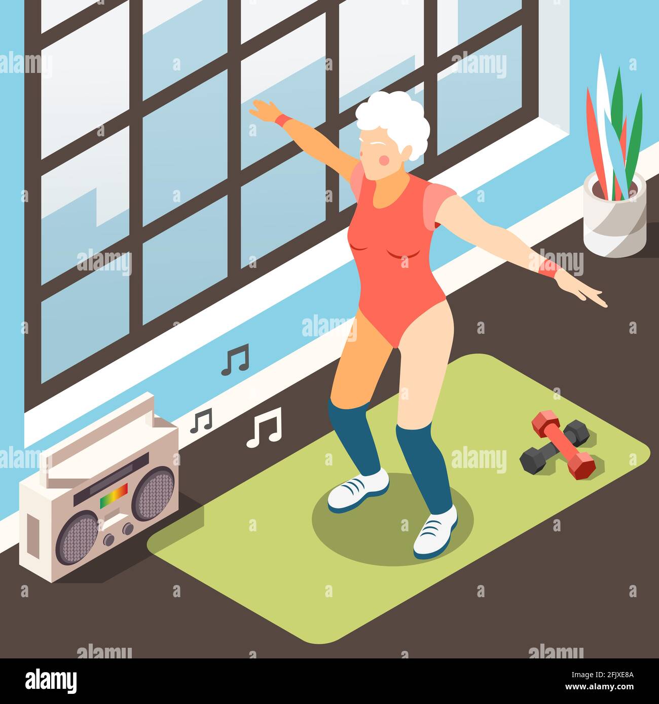 Longevità sfondo isometrico con donna anziana moderna in tuta per fitness fare esercizi fisici sotto accompagnamento musicale illustrazione vettoriale Illustrazione Vettoriale